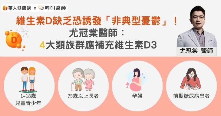 維生素D缺乏恐誘發「非典型憂鬱」！尤冠棠醫師：4大類族群應補充維生素D3  文/ 尤冠棠醫師
